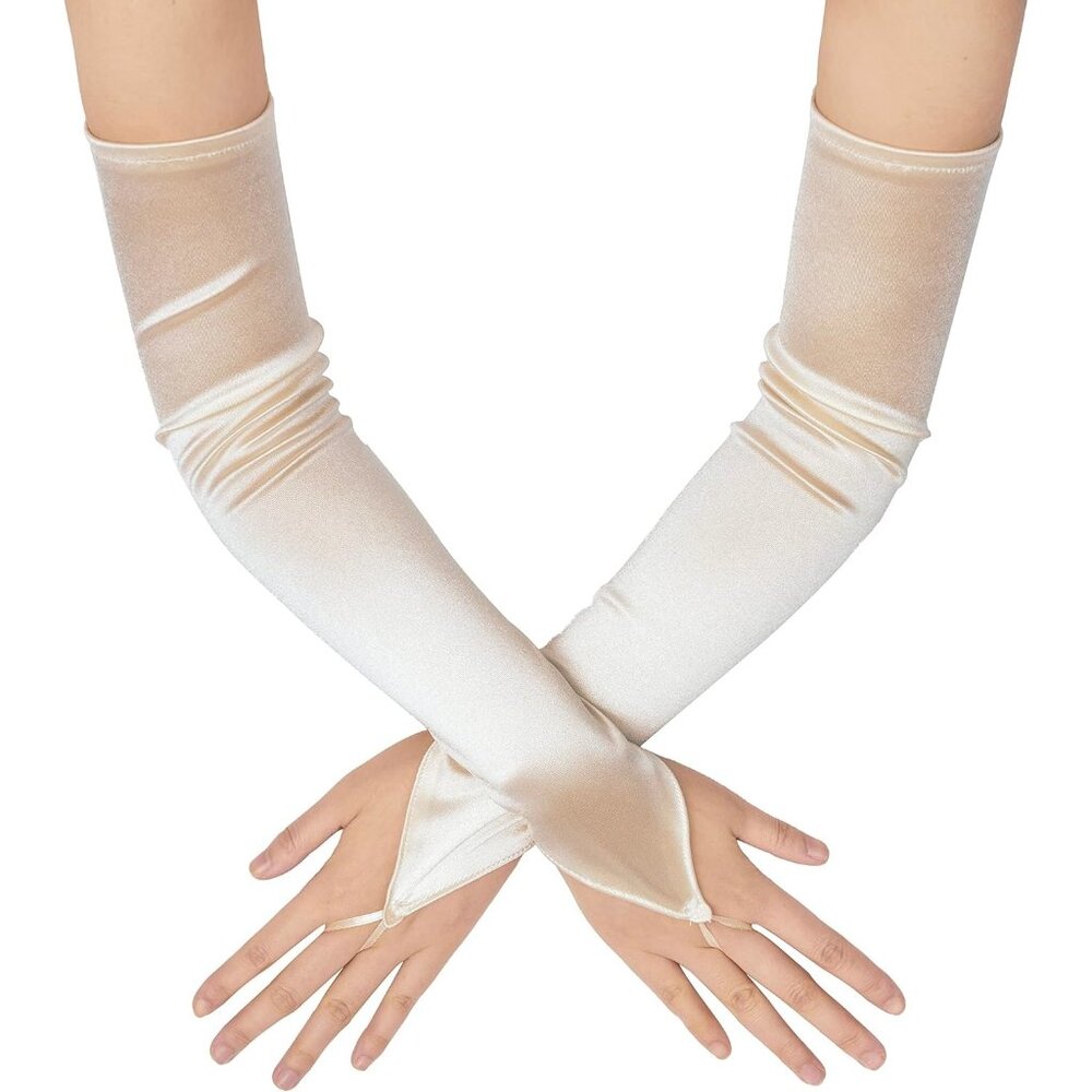Women's Stretchy Champagne Finger Loop Satin Fabric Gloves Opera Party Prom